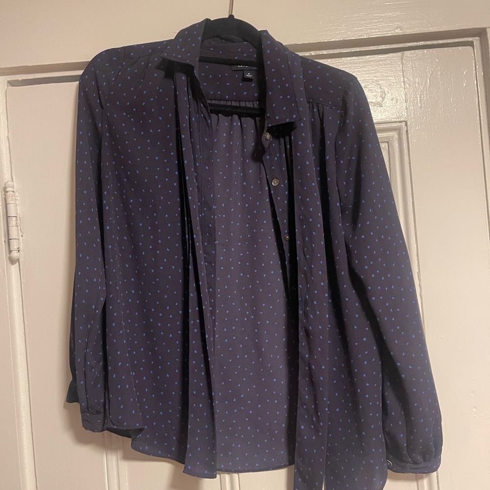 Lands' End Dark Blue Blouse with Light Blue Dots